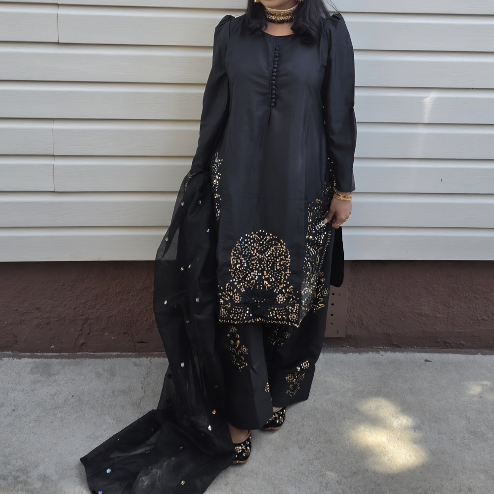 Elegant Black Women's  FARSI Salwar Kameez with Gold Embellishment